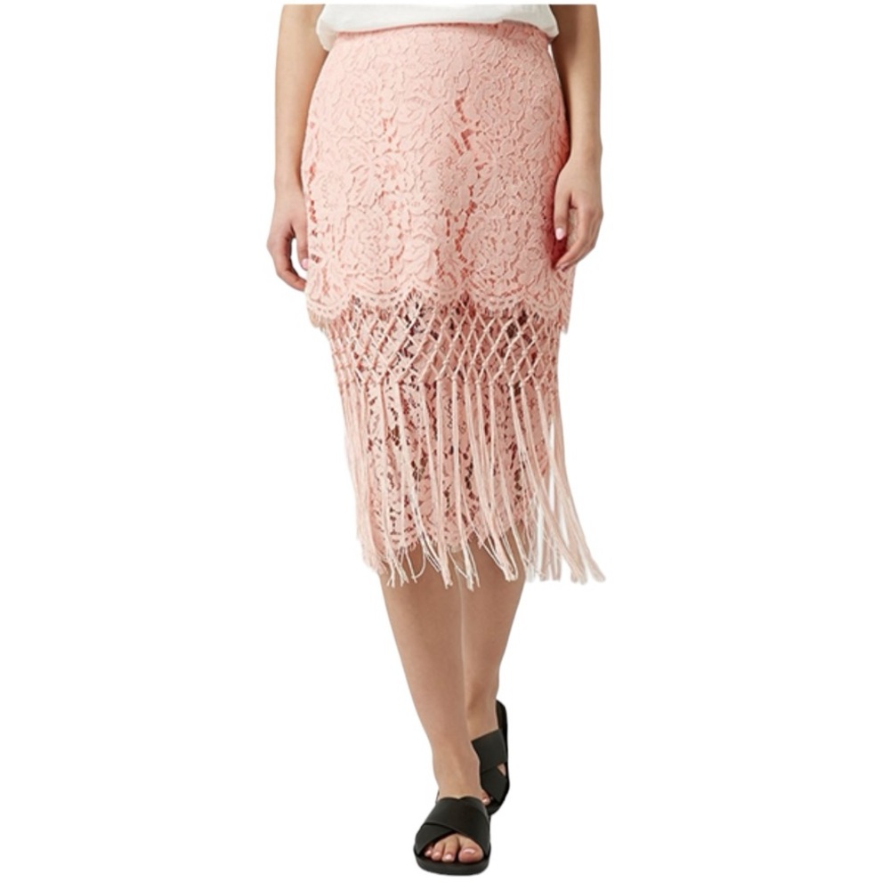 TOPSHOP LACE BLUSH PINK TIERED FRINGED MIDI PENCIL SKIRT - Picture 13 of 13